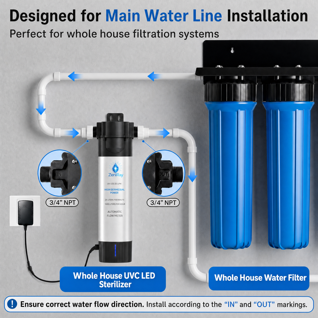 ZeniRay Smart Whole-House UVC LED Water Sterilizer – 25 LPM High-Flow On-Demand Purifier (Mercury-Free, Main Water Line Shield)
