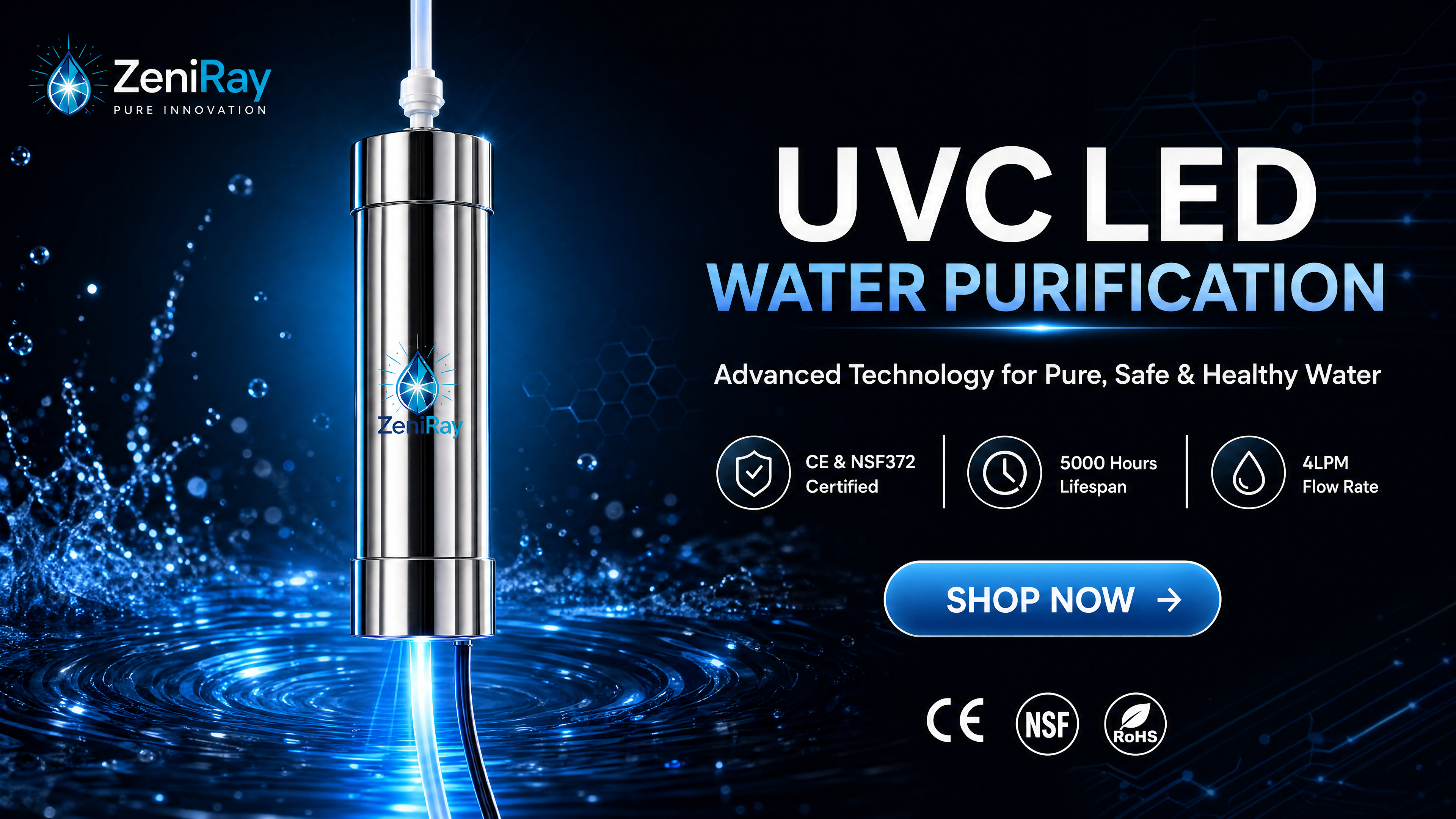 ZeniRay Smart Under-Sink 4LPM UVC LED Water Sterilizer – Point-of-Use Flow-Activated Purifier (Mercury-Free, Last-Mile Drinking Water Shield for Luxury Homes)