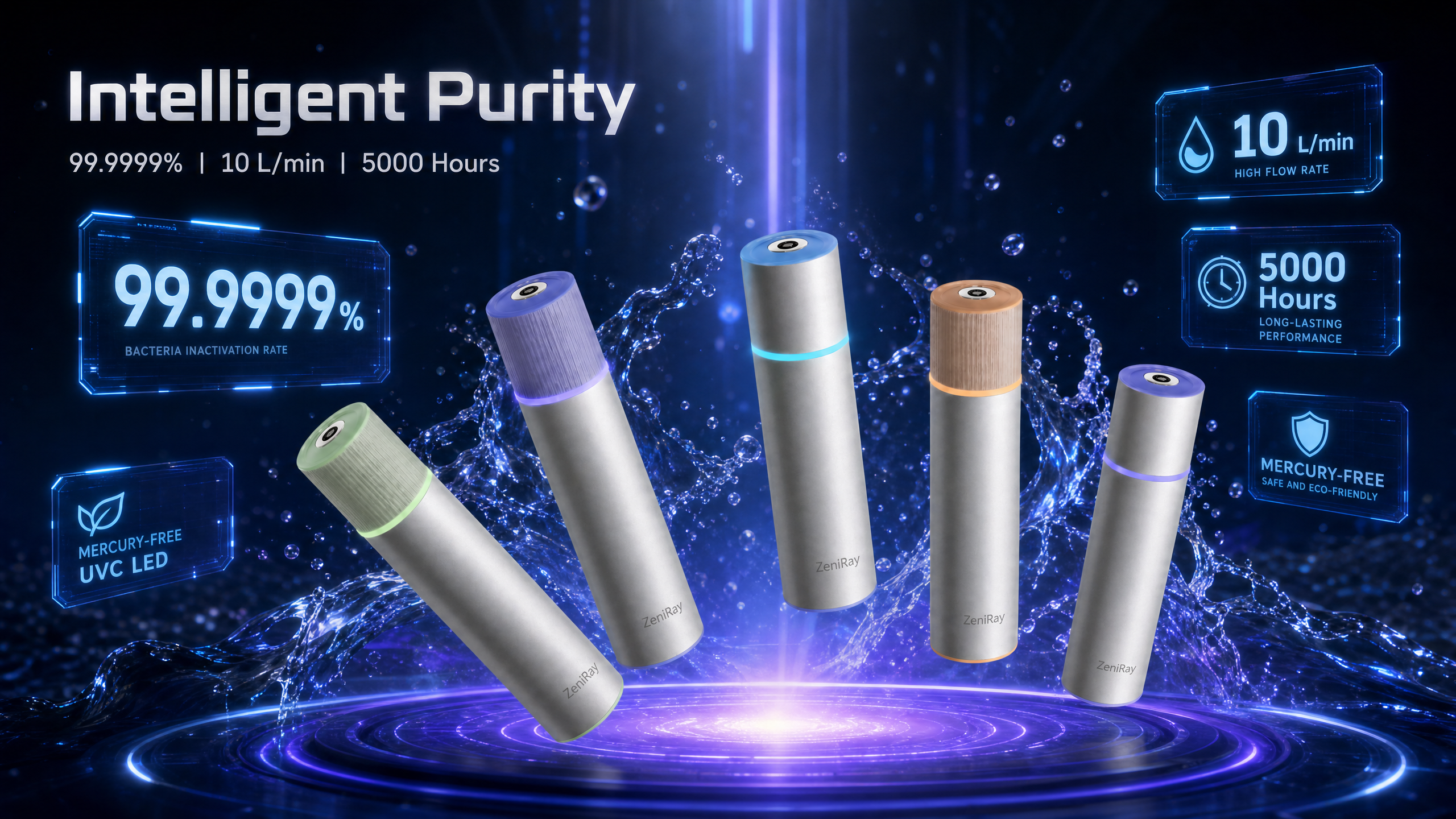 ZeniRay Smart UVC LED Water Sterilizer – 10 LPM High-Flow On-Demand Purifier (Mercury-Free, Main Water Line Shield)