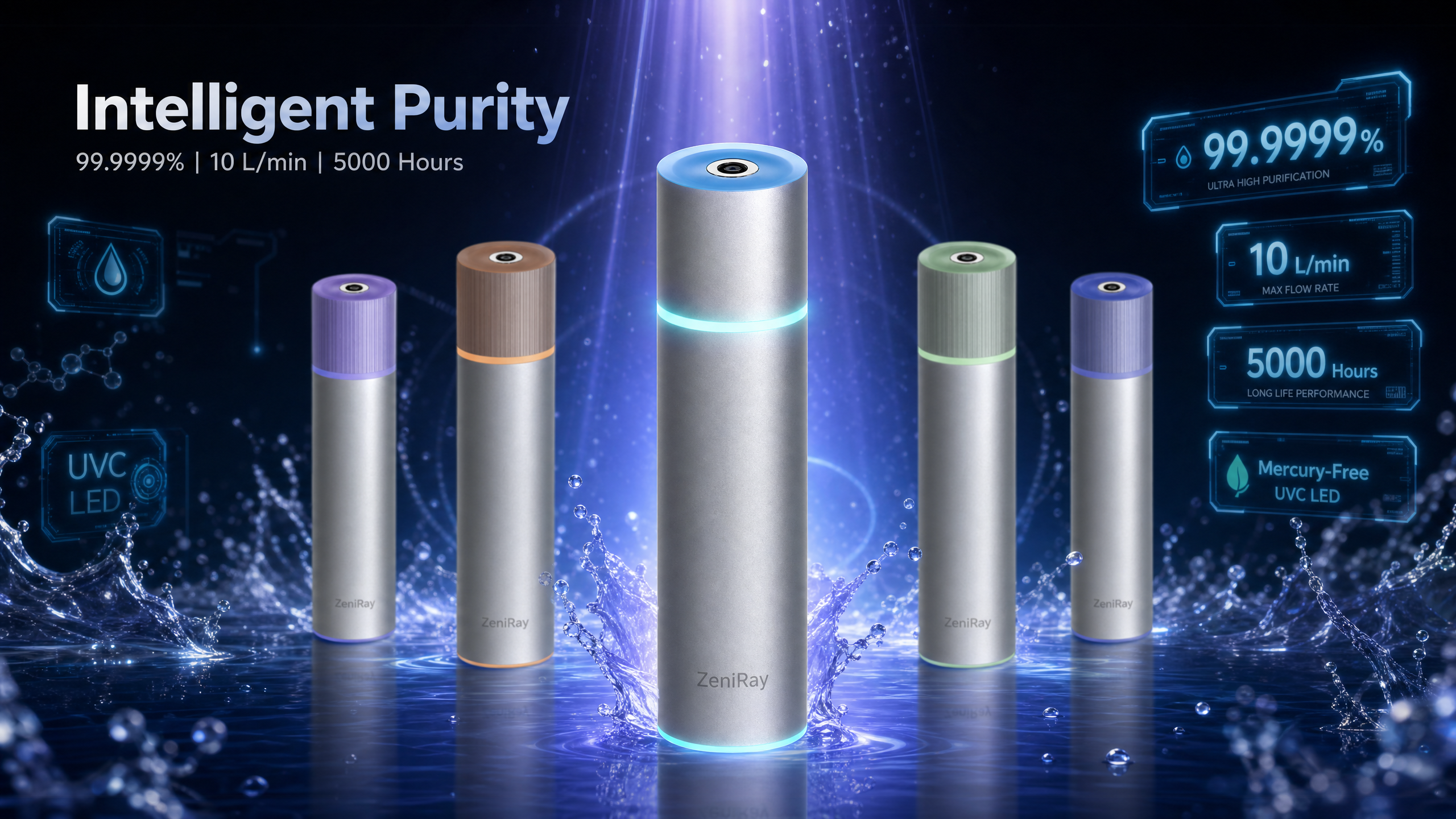ZeniRay Smart UVC LED Water Sterilizer – 10 LPM High-Flow On-Demand Purifier (Mercury-Free, Main Water Line Shield)