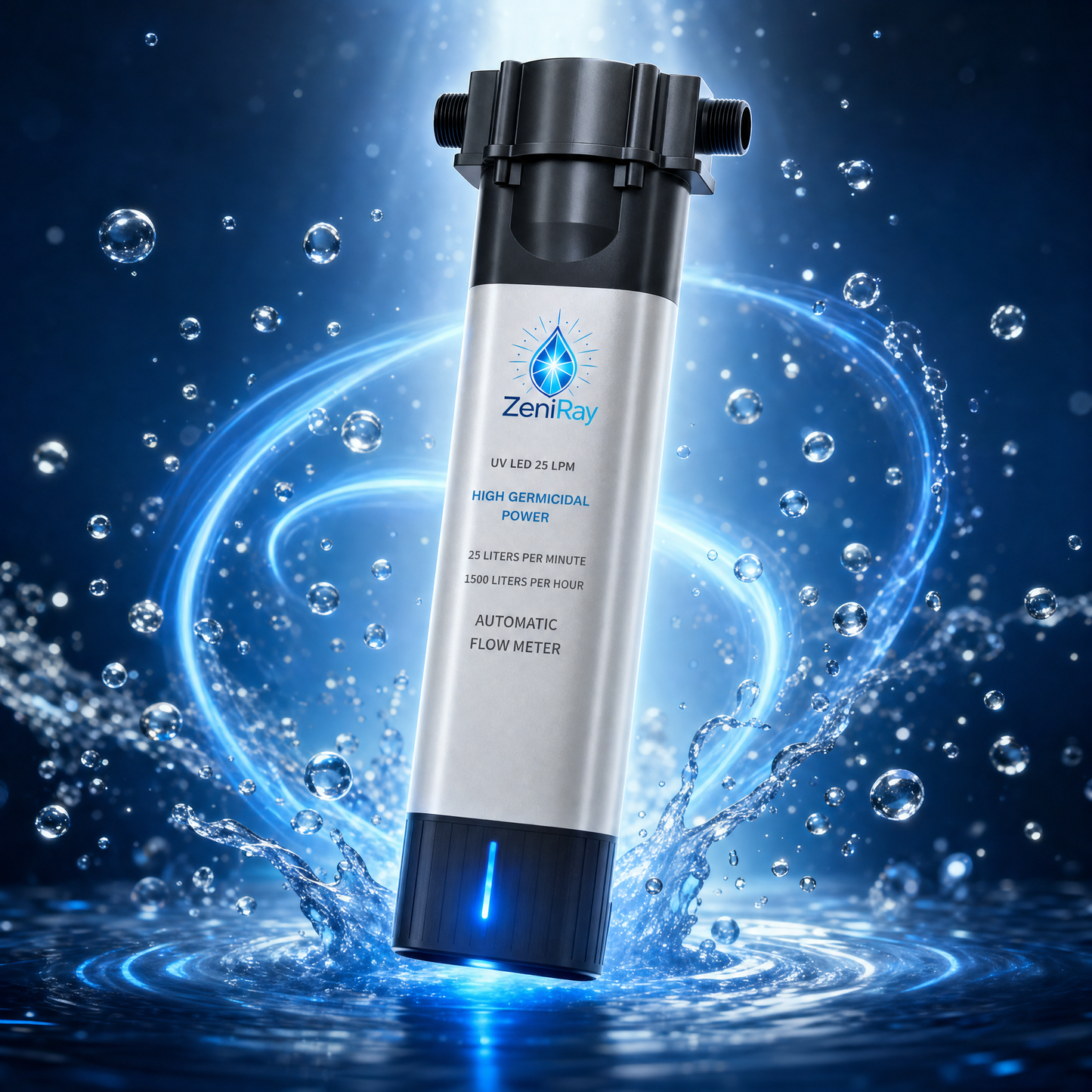 ZeniRay Smart Whole-House UVC LED Water Sterilizer – 25 LPM High-Flow On-Demand Purifier (Mercury-Free, Main Water Line Shield)